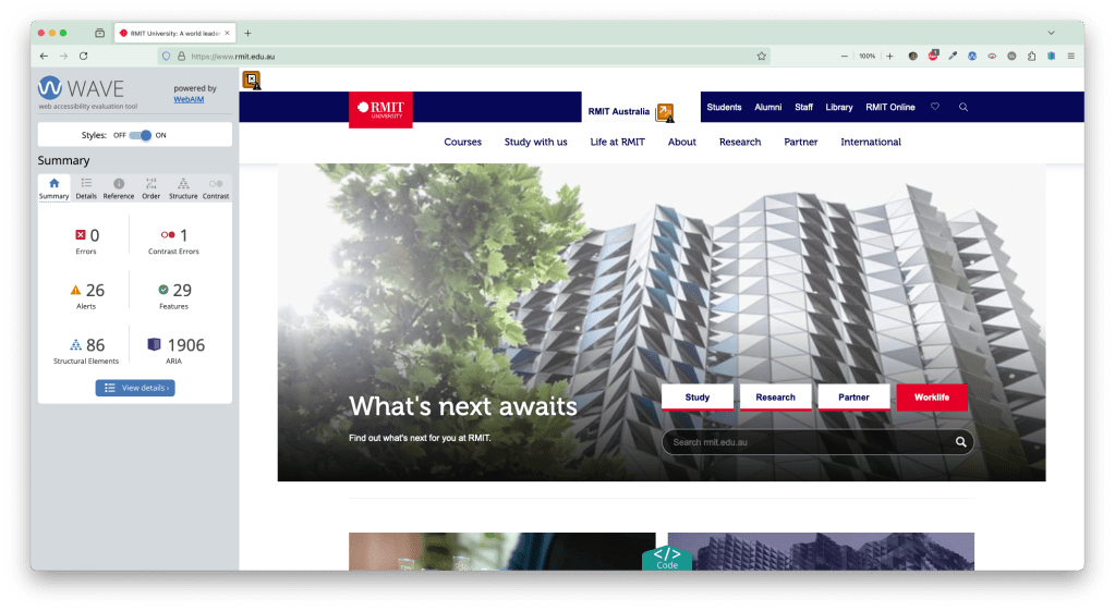 RMIT University homepage with the WAVE plug in running and showing zero accessibility errors