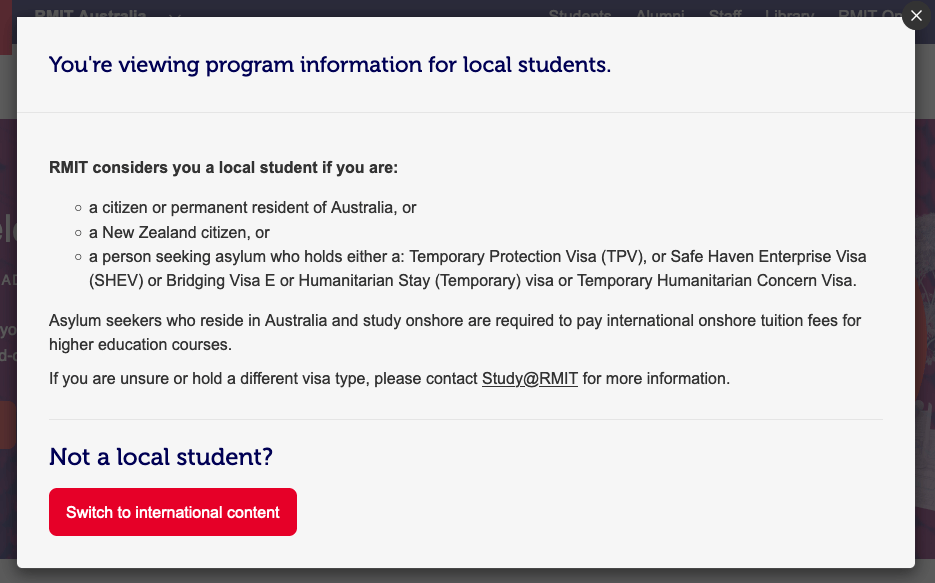 A modal dialog that reads: You're viewing program information for local students. Not a local student? Switch to international content button